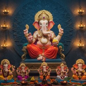 A majestic Lord Ganesha idol in pristine white marble texture, seated in lalitasana on an ornate golden lotus throne, his four hands holding modak, broken tusk, lotus, and blessing mudra. His trunk curves elegantly to his left, adorned with intricate gold jewelry and a rich red silk dhoti with golden embroidery. Behind him, a massive contemporary mandala in deep blue and gold radiates outward. The scene is set in a modern minimalist temple interior with floating diyas, smoke from camphor creating ethereal patterns. In the foreground, eco-friendly clay Ganesha idols of various sizes arranged artistically, decorated with organic colors and fresh flowers. Traditional Maharashtrian-style decorations with banana leaves, marigold garlands, and contemporary LED lighting create a perfect blend of tradition and modernity. The lighting is warm and divine, with soft golden rays emerging from behind the main idol. The scene incorporates elements of Madhubani art patterns in the background details, while maintaining a sophisticated, contemporary aesthetic. The overall composition suggests both festivity and environmental consciousness.