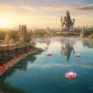 A serene aerial view of Ganga Talao lake at dawn, with the majestic 108-foot Lord Shiva statue reflecting in crystal-clear waters surrounded by lush tropical vegetation. In the foreground, modern glass-and-wood sustainable eco-lodges blend harmoniously with nature, their designs incorporating traditional Indian architectural elements with contemporary aesthetics. Vibrant orange-clad pilgrims walking along well-maintained pathways, carrying traditional offerings. The scene is illuminated by soft golden sunrise light creating a mystical atmosphere with gentle mist rising from the lake. Sacred temples with intricate Dravidian architecture dot the shoreline, their spires reaching toward a sky painted in pastel pinks and purples. Multiple lotus flowers float on the lake's surface, each emitting a subtle spiritual glow. The entire scene is rendered in a style merging digital art with traditional Madhubani patterns, using a color palette of deep blues, gold, saffron, and emerald green, with careful attention to intricate details and patterns in the architecture and natural elements.