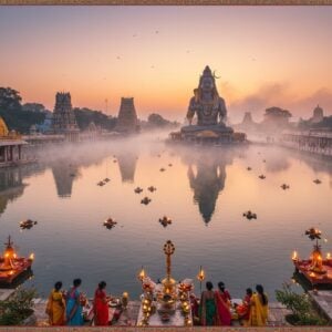 A serene aerial view of Ganga Talao at dawn, with the magnificent 108-foot Lord Shiva statue emerging from morning mist, its metallic surface gleaming in golden sunlight. The sacred lake's crystal-clear waters reflect the pink and orange sky, creating perfect mirror images of surrounding Hindu temples with traditional Dravidian architecture. In the foreground, devotees in colorful traditional Indian attire perform morning rituals, their brass puja thalis creating golden sparkles. Intricately detailed Madhubani-style borders frame the scene, featuring peacocks, lotus motifs, and geometric patterns in deep indigo and saffron. Multiple floating diyas illuminate the water's surface, creating ethereal light patterns. The surrounding landscape shows lush tropical vegetation with vibrant flowers in foreground detailing. Mystical fog swirls around the temple spires, with soft rays of sunlight breaking through. Art style combines photorealistic rendering with spiritual symbolism and traditional Indian art elements, rendered in rich, deep colors with emphasis on gold, saffron, and peaceful blue tones.