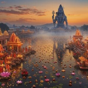 A magnificent aerial view of Ganga Talao lake at twilight, illuminated by thousands of floating diyas creating golden ripples across the sacred waters. A towering 108-foot statue of Lord Shiva emerges from the misty background, rendered in modernized Madhubani style with intricate patterns. In the foreground, a diverse group of Indian devotees in colorful traditional attire perform aarti ceremonies, their faces lit by the warm glow of brass lamps. Ornate temples with modern architectural elements line the shoreline, decorated with marigold garlands and LED lights. Multiple mini processions of pilgrims carrying kalashes adorned with coconuts and red cloth wind around the lake, creating a serpentine pattern of movement. Floating lotus flowers in pink and white dot the water surface, while peacocks with detailed feather patterns perch on nearby rocks. The sky features a gradient from deep indigo to burnt orange, with subtle mandala patterns in the clouds. Soft mist rises from the lake surface, giving the scene an ethereal quality. The overall composition blends traditional Hindu imagery with contemporary digital art techniques, emphasizing both spirituality and celebration.