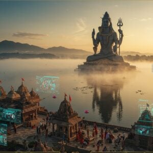 A majestic aerial view of Ganga Talao lake at dawn, with the 108-foot-tall Lord Shiva statue emerging from misty waters, rendered in photorealistic 3D style. The statue holds a trident in his upper right hand, damaru in upper left, with lower hands in abhaya and varada mudras. The lake surface reflects golden sunrise rays, creating ethereal patterns. In the foreground, detailed digital interfaces float transparently, showing live-streaming windows and virtual tour elements in neon blue. Traditional Indian architectural elements frame the scene, with intricate Madhubani-style patterns in deep maroon and gold. Multiple small temples dot the shoreline, their structures detailed in the Dravidian architectural style. Floating lotus flowers emit a subtle digital glow, while devotees in traditional Indian attire perform puja near the water's edge. The scene combines hyperrealistic photography with modern digital elements, tech-inspired holographic details in turquoise and gold, all while maintaining a serene, spiritual atmosphere. Atmospheric fog adds depth, with distant mountains visible in the background.
