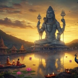 A magnificent 108-foot tall statue of Lord Shiva, intricately detailed with traditional Hindu iconography, emerges from a tranquil crater lake surrounded by lush tropical vegetation. The statue depicts Shiva in a peaceful stance, holding a trident in one hand and a damru in another, with the crescent moon adorning his matted locks. The sacred Ganga flows from his hair. The lake's surface reflects the golden-orange sunset sky, creating a supernatural glow. In the foreground, detailed Madhubani-style lotus flowers float on the water. Small temples with distinctive Mauritian architecture dot the shoreline. Devotees in traditional Indian attire perform rituals near the water's edge. Vibrant peacocks with detailed feathers, rendered in Pattachitra style, grace the scene. The atmosphere is enhanced by floating diyas, their lights creating mystical reflections on the water. Ethereal mist rises from the lake, giving the scene a divine appearance. The color palette includes deep blues of the lake, saffron and gold of the sunset, and the silvery-white of the Shiva statue. The entire scene is rendered in a fusion of hyperrealistic digital art with traditional Indian art patterns.