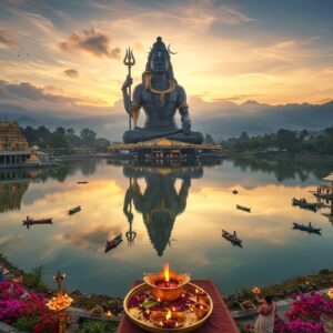 A breathtaking aerial view of Ganga Talao during sunrise, with the 108-foot tall statue of Lord Shiva emerging majestically from morning mist, reflecting perfectly in the crystal-clear sacred lake waters. The statue shows intricate details - his third eye, serpent around neck, trident in right hand, and damaru in left. In the foreground, devotees in traditional Indian attire perform morning rituals with brass thalis containing flowers and diyas. The scene is surrounded by lush volcanic mountains with vibrant tropical flowers. Temple architecture in traditional South Indian style adorns the shoreline, with ornate golden spires piercing through low-hanging clouds. Ethereal golden light bathes the scene, creating a mystical atmosphere with subtle lens flares. Small boats with oil lamps float on the lake surface, creating points of warm light. The color palette combines deep blues of the lake, rich greens of the surrounding nature, and warm golds of the sunrise. Incorporate elements of both modern digital art and traditional Indian Madhubani patterns in the sky and water reflections. The scene should have a dreamy, surreal quality while maintaining photographic details.