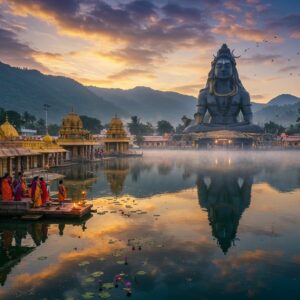 A serene aerial view of Ganga Talao lake at dawn, with a massive 108-feet tall Shiva statue emerging from morning mist, its reflection perfectly mirrored in the crystal-clear sacred waters. Traditional Hindu temples with intricate Dravidian architecture line the shoreline, their golden spires catching the first rays of sunlight. In the foreground, devotees in colorful traditional Indian attire perform puja with brass lamps and flower offerings. Lotus flowers float on the water's surface, emanating a subtle ethereal glow. The scene is surrounded by lush volcanic mountains with hints of vibrant green forest. Soft rays of morning light create a mystical atmosphere with golden and purple hues in the sky. Small trails of incense smoke curl through the air, adding to the spiritual ambiance. The art style combines photorealistic rendering with magical realism, featuring rich jewel tones of deep blue, gold, and emerald green, with intricate Madhubani-style patterns subtly woven into the water ripples and clouds. The lighting creates a divine, otherworldly atmosphere while maintaining the authentic beauty of this sacred site.