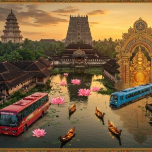 A majestic aerial view of Kodungallur temple town at golden hour, featuring traditional Kerala architecture with copper-tiled roofs and coconut palms. In the foreground, a modern KSRTC bus in vibrant red color merges into a stylized Madhubani-inspired pattern, alongside a sleek blue train emerging from an ornate mandala portal. The scene is framed by intricate Pattachitra-style borders featuring traditional Kerala motifs in gold and peacock blue. The background showcases the historic Kodungallur Bhagavathy Temple with its distinctive architecture, surrounded by backwaters reflecting the warm sunset. Floating lotus flowers in pastel pink transition between elements, while ethereal golden light rays illuminate the scene. Small boats with glowing lamps dot the backwaters, creating a seamless blend of modern transportation and traditional Kerala culture. The art style combines photorealistic architecture with mystical Indian art elements, rendered in a digital painting style with rich, deep colors and subtle spiritual symbolism.