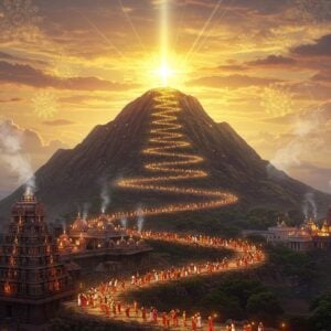 A mystical aerial view of Mount Arunachala at dawn, illuminated by a soft golden light with spiritual aura emanating from its peak. A winding path around the mountain glows with tiny dots of light from devotees performing pradakshina, creating a luminous circumambular trail. The massive Arunachalesvara temple complex sits at the base, intricately detailed in traditional Dravidian architecture with its gopurams reaching toward the sky, rendered in deep maroons and golds. The scene features small groups of pilgrims in traditional Indian attire walking barefoot on the path, some carrying oil lamps. Floating lotus flowers and mandala patterns appear ethereally in the sky, while wispy clouds in shades of saffron and pink swirl around the mountain's peak. The lighting is mystical with a combination of early morning sunlight and divine radiance, creating a surreal, spiritual atmosphere. The art style merges photorealistic elements with traditional Pattachitra patterns, particularly in the decorative elements and sky motifs. The overall composition suggests both physical and spiritual elevation, with a careful balance of earthy and celestial elements. Smoke from burning camphor and incense adds to the atmospheric quality, creating a dreamy haze.