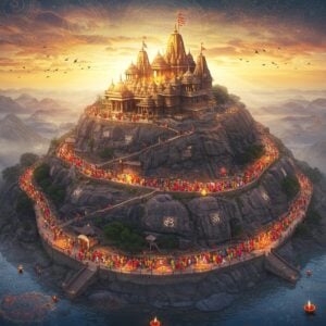 A majestic aerial view of Mount Girnar at dawn, with golden sunlight illuminating the sacred mountain's 9,999 steps. The circular parikrama path winds around the mountain base, rendered in traditional Madhubani style with intricate patterns. Devotees in colorful traditional Gujarati attire are seen walking the path, creating a human chain of light. Ancient temples atop the peak are detailed in gold and saffron, their spires reaching into a surreal sky filled with swirling mandalas and lotus motifs. The foreground shows a serene water body reflecting the mountain, with floating diyas creating points of divine light. The scene combines hyperrealistic mountain photography with ethereal Indian art elements, mystical fog, and glowing auras around the temples. The color palette features deep maroons, celestial blues, and warm golds. Flying birds form symbolic patterns in the sky, while traditional rangoli patterns line the parikrama path. The lighting creates a dramatic spiritual atmosphere with god rays piercing through clouds, illuminating key points along the pilgrimage route.
