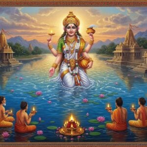 A majestic aerial view of the sacred Godavari River flowing through lush landscapes, depicted in vibrant indigo and deep azure waters that shimmer with divine golden light. The river takes the form of a celestial goddess, partially transparent and ethereal, emerging from the waters, adorned in flowing white and gold robes with traditional Indian jewelry. She holds a sacred copper water vessel (kalash) in her hands. The scene is framed by ancient stone temples on the riverbanks, their spires reaching toward a dawn sky filled with soft pastel clouds. In the foreground, seven sages (rishis) perform morning rituals with brass diyas and flower offerings. Intricate Madhubani-style patterns in gold and saffron decorate the borders of the scene. The composition includes lotus flowers floating on the water surface, each emanating a subtle spiritual glow. The lighting creates a mystical atmosphere with rays of sunlight breaking through clouds, casting divine beams onto the water. The art style combines hyperrealistic water effects with traditional Indian art elements, creating a seamless blend of ancient and modern aesthetics. The color palette focuses on deep blues, burnished golds, saffron, and ethereal whites.