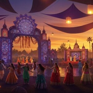 A vibrant panoramic scene of a modern Indian festival ground at golden hour, featuring elaborate mandala-inspired entrance gates decorated with intricate Madhubani patterns and LED lights. In the foreground, a diverse group of young Indian festival-goers in contemporary Indo-western fusion attire dance joyfully. The scene includes multiple themed pavilions with sacred geometry patterns, floating lotus lanterns, and holographic projections of traditional Indian motifs. Crystal-clear water bodies reflect the warm lighting, while suspended fabric canopies in sunset colors (deep orange, purple, and gold) create dynamic shapes overhead. Traditional classical dancers perform on an elevated stage with a backdrop of digital art installations merging traditional Pattachitra art with modern animations. Food stalls emit aromatic steam, decorated with marigold garlands and contemporary light installations. The atmosphere is dreamy with soft bokeh effects, floating light orbs, and subtle spiritual symbols integrated into the modern festival infrastructure. The color palette combines deep traditional Indian colors with modern neon accents, creating a perfect blend of heritage and contemporary celebration.