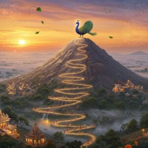 An ethereal aerial view of Mount Govardhan at sunrise, shaped like a peacock, with intricate Madhubani-style patterns carved into its surface. The sacred parikrama path glows with a soft golden light, winding around the mountain like a divine serpent. Devotees in traditional Indian attire performing parikrama are shown as small, graceful figures, creating a sense of scale. Lord Krishna's presence is symbolically represented by peacock feathers and his flute floating in the misty air. The landscape features sacred ponds (kunds) reflecting the rose-gold sky, with lotus flowers blooming at their edges. In the foreground, detailed miniature temples dot the path, each illuminated with warm, divine light. The art style combines traditional Pattachitra elements with modern digital art techniques, using a color palette of deep saffron, peacock blue, forest green, and touches of gold. Surreal, glowing mandala patterns hover in the sky, casting intricate shadows on the sacred mountain. The scene is enhanced with floating marigold flowers, sacred tulsi leaves, and subtle spiritual symbols, creating a mystical, three-dimensional effect.