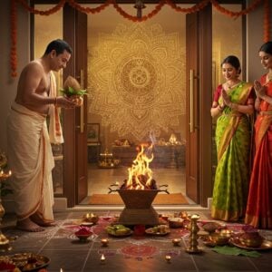 A traditional Indian Pandit in pristine white dhoti and angavastram, adorned with sacred rudraksha beads, performing an elaborate Griha Pravesh ritual at the doorstep of a modern luxury home. The Pandit's hands gracefully hold a copper kalash decorated with mango leaves and coconut, while sacred fire burns in an ornate brass havan kund beside him. A young Indian couple in contemporary ethnic wear (man in kurta, woman in elegant silk saree) watches reverently. The scene is illuminated by warm, golden light from traditional brass diyas, creating a ethereal glow. The doorway is decorated with fresh marigold and lotus garlands, banana leaves, and intricate rangoli patterns. Swirls of sacred smoke carrying hints of camphor and sandalwood rise elegantly. In the background, a large, translucent mandala pattern radiates positive energy, while small elements like kumkum, rice grains, and ceremonial items are artfully arranged. Style combines hyperrealistic digital art with traditional Madhubani patterns in rich colors of saffron, gold, and deep maroon. The overall composition suggests perfect harmony between tradition and modern living.