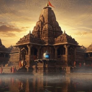 A majestic ancient stone temple complex with intricate Hemadpanthi architecture style, illuminated by golden morning sunlight. The main shikhara rises dramatically against a mystical dawn sky filled with subtle mandala patterns. Lord Shiva's jyotirlinga shrine glows with an ethereal blue light at the center. Detailed stone carvings of celestial dancers, divine beings, and geometric patterns adorning the walls, rendered in rich maroon and saffron hues. The foreground features a serene temple tank with floating lotus flowers, reflecting the temple's grandeur. Devotees in traditional Maharashtra attire circumambulating the temple. The scene incorporates elements of both hyperrealistic digital art and traditional Pattachitra style, with ornate details on the temple spires and pillars. Soft mist surrounds the base, creating a divine atmosphere. The lighting emphasizes the sacred geometry of the architecture, with subtle golden rays filtering through the temple columns. The overall composition captures both the architectural magnificence and spiritual essence of Grishneshwar temple.