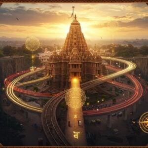 A majestic aerial view of Grishneshwar Temple during golden hour, with its intricate Nagara-style architecture rendered in warm sandstone colors and detailed carved spires reaching skyward. Multiple modern transportation routes converge towards the temple like glowing sacred threads - a sleek train track, a modern highway, and local roads, all illuminated with flowing light trails. Traditional Indian architectural elements blend seamlessly with contemporary design, featuring geometric mandalas floating above the pathways. The temple is surrounded by a mystical aura with soft golden light rays breaking through clouds. In the foreground, a stylized compass rose incorporating both ancient Sanskrit symbols and modern directional markers. The scene is framed by decorative borders inspired by Ellora cave carvings, with lotus motifs and peacock feathers. The color palette focuses on deep maroons, golden yellows, and earth tones with accents of celestial blue. Hyperrealistic digital art style with magical realism elements, cinematic lighting, and atmospheric perspective creating depth.