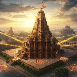 A majestic aerial view of Grishneshwar Temple during golden hour, with its ornate Nagara-style architecture rendered in warm sandstone colors. The temple's shikhara (spire) rises prominently, adorned with intricate Maratha-era carvings and sculptures. Multiple connecting paths and roads extend from the temple like golden threads across the landscape, symbolically connecting to miniature representations of Ellora caves, Ajanta caves, and Aurangabad city in the background. The scene is enhanced with ethereal elements: floating lotus petals, glowing mandalas, and soft mist. The foreground features a detailed traditional rangoli pattern made of vibrant flowers. Indian pilgrims in traditional attire can be seen approaching the temple through these paths. The lighting creates a dramatic interplay of light and shadow on the temple's architecture, with sun rays filtering through clouds, creating a divine atmosphere. The art style combines hyperrealistic architectural details with Pattachitra-inspired decorative elements, using a color palette of deep maroons, saffron, gold, and peaceful blue tones. The scene should be cinematic and grand in scale, emphasizing the temple's spiritual significance and geographical connectivity.