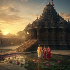 A grand aerial view of the majestic Grishneshwar Temple during sunrise, with golden rays illuminating its intricately carved black stone architecture, surrounded by a serene courtyard with blooming lotus pools. In the foreground, a young Indian family dressed in traditional temple attire - the man wearing a crisp white dhoti-kurta, the woman in an elegant maroon silk saree with golden border, and a child in traditional ethnic wear - approaching the temple steps. The scene features delicate Madhubani-style border patterns along the temple walls, with soft-glowing diyas and floating flower petals in the water. The lighting creates a divine atmosphere with warm golden hues mixing with morning mist. The temple's shikhara is detailed with authentic Hemadpanthi architecture style, showing precise stone carvings and religious motifs. The composition includes subtle mandala patterns in the sky, giving it a spiritual ethereal quality. The art style combines hyperrealistic architectural details with dreamy, surreal lighting and traditional Indian art elements.