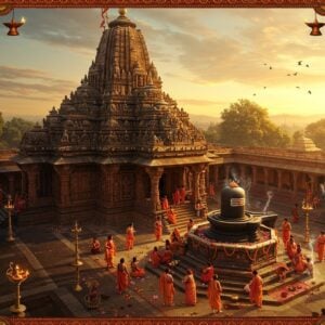 A majestic aerial view of Grishneshwar Temple during golden hour, with intricate Maratha-style architecture rendered in rich red stone and black basalt. The temple's shikhara rises prominently, adorned with detailed sculptures and golden highlights. In the foreground, a serene courtyard features devotees in traditional Maharashtra attire performing pradakshina. The scene includes floating lotus flowers, glowing diyas, and burning incense creating mystical smoke patterns. A large, ornate Shiva lingam appears as a central ethereal element, surrounded by a soft, divine aura in deep blues and golds. Intricate Madhubani-style borders frame the scene, incorporating traditional symbols like trishuls, damarus, and rudraksha beads. The lighting creates dramatic shadows and highlights the temple's architectural details, while maintaining a spiritually charged atmosphere. The color palette focuses on deep maroons, golden yellows, and sacred saffron, with hints of mystical blue. Style should blend photorealistic architecture with ethereal, spiritual elements, maintaining high detail and modern digital art aesthetics.