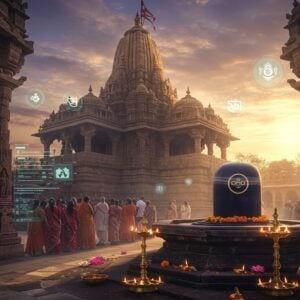 A majestic stone temple structure with intricate Maratha-style architecture, featuring ornate spires and detailed carvings, illuminated by golden morning sunlight. The temple's main shikhara towers against a mystical dawn sky filled with soft purple and orange hues. In the foreground, a sacred black Jyotirlinga emanates a subtle divine glow, surrounded by floating lotus flowers and traditional brass oil lamps. Modern Indian devotees in contemporary clothing queue in an organized manner along a digitally illuminated pathway. Ethereal rays of light filter through the temple's ancient pillars, creating a atmospheric blend of tradition and modernity. The scene includes delicate Madhubani-style border patterns featuring traditional symbols and mandalas in deep maroon and gold. Floating holographic elements showing time symbols and booking interfaces are subtly integrated into the composition. The overall mood is serene and spiritual with a contemporary tech-forward aesthetic, rendered in a high-quality digital art style with photorealistic details and soft volumetric lighting.
