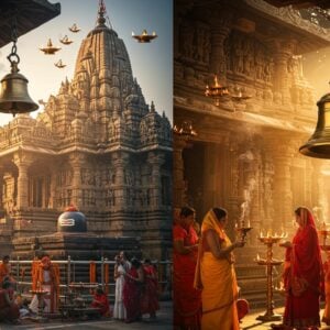 An ancient stone temple dedicated to Lord Shiva, intricately carved with Hemadpanthi architecture, illuminated by golden morning sunlight. The temple's spire features detailed sculptures of deities and mythological scenes in traditional Maratha style. In the foreground, devotees in traditional Indian attire perform aarti with brass lamps creating a magical glow. The main sanctum shows the Jyotirlinga made of black stone, emanating divine light rays. Floating diyas and marigold flowers decorate the temple courtyard. The scene captures both morning and evening atmospheres split diagonally - dawn showing the temple in cool blues and purples, dusk showing warm oranges and reds. Intricate mandala patterns and Sanskrit symbols float ethereally in the air. The lighting is dramatic with sun rays filtering through incense smoke, creating a mystical ambiance. The art style combines photorealistic architecture with magical realism elements, rendered in rich jewel tones with gold accents. A large ornate brass bell hangs prominently near the temple entrance with detailed engravings.
