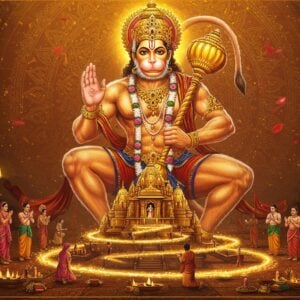 A majestic Lord Hanuman in a dynamic pose, muscular and powerful, with his right hand raised in blessing and left hand holding his divine gada (mace). His fur is a luminous orange-gold, adorned with intricate Madhubani-style patterns. He wears a golden crown and traditional ornaments. Behind him, a massive circular mandala in deep saffron and gold creates a glowing aureole. Multiple devotees in traditional Indian attire are shown performing parikrama (circumambulation) around a central Hanuman temple, their paths creating spiraling trails of soft golden light. The temple architecture combines ancient and contemporary elements with intricate carvings. Floating lotus flowers and bells in peacock blue and maroon add depth. The scene is illuminated by warm, divine light streaming from above, creating an ethereal atmosphere. The background features subtle Pattachitra-style decorative elements and floating vermillion particles. The overall composition should be highly detailed digital art with a modern spiritual aesthetic, emphasizing both devotion and mysticism.