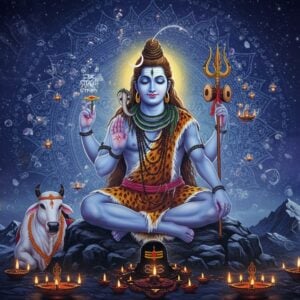 A majestic Lord Shiva depicted in a transcendent form, seated in padmasana on a silver-peaked Mount Kailash. His four arms hold the trishul (upper right), damaru drum (upper left), with lower right hand in abhaya mudra, and lower left holding a lotus. His form radiates an ethereal blue aura, with the crescent moon gleaming on his matted locks intertwined with the sacred Ganga. The third eye prominently displayed on his forehead emits a subtle golden light. Around him, multiple translucent sanskrit letters of "हर हर महादेव" float and dissolve into cosmic energy. The background features a massive mandala in deep indigo and gold, with intricate Madhubani-style patterns. Sacred rudraksha beads and white jasmine flowers spiral around the scene. A serene Nandi bull rests at his feet, surrounded by glowing diyas. The lighting is mystical, combining cool moonlight and warm spiritual glow. The art style merges traditional Indian Pattachitra techniques with modern digital art, using a color palette of deep blues, cosmic purples, sterling silver, and burnished gold. Smoke from burning incense creates ethereal patterns in the air, while small particles of divine light scatter throughout the scene.