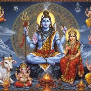 A majestic portrait of Lord Shiva in his cosmic form, seated in Padmasana on Mount Kailash. His four arms hold the trishul (right upper), damru (left upper), rudraksha mala (right lower), and blessing mudra (left lower). His ethereal blue skin glows with divine radiance, long matted hair adorned with crescent moon and flowing Ganga. Around him, in circular formation, are key characters: Goddess Parvati in red silk adorned with gold, seated on his left; Nandi bull in pristine white on his right; Ganesha with his elephant head and red dhoti below; Kartikeya mounted on peacock above; and Sage Narada with veena in a corner. The background features a massive ornate mandala in gold and deep blue, with intricate Madhubani patterns. Sacred smoke from yagna fire swirls around, creating mystical patterns. The scene is illuminated by soft, divine light with hints of purple and blue aura. Mount Kailash appears with snow-capped peaks in stylized Pattachitra art style. Multiple smaller mandalas and Sanskrit symbols float in the ethereal space around them. Style: Hyperrealistic digital art blended with traditional Indian art motifs, deep rich colors, intricate details, and spiritual symbolism.