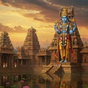 A majestic ancient South Indian temple complex rendered in rich, warm colors, featuring Lord Vishnu as Hara Saabha Vimocchana Perumal standing tall in the center, 8 feet tall, four-armed, holding Sankha in upper right hand, Chakra in upper left hand, and showing Abhaya mudra with lower right hand and Varada mudra with lower left hand. He wears a golden crown adorned with precious stones and elegant silk vastram. The temple architecture showcases intricate Dravidian style with multi-tiered gopurams decorated with detailed sculptures. The foreground features a sacred temple tank with floating lotus flowers, reflecting the golden light of dawn. Ornate stone mandapams with carved pillars frame the scene. The background shows mystical clouds with subtle spiritual energy patterns resembling mandalas. The lighting is ethereal with golden rays filtering through, creating a divine atmosphere. Art style combines traditional Pattachitra techniques with modern digital art, emphasizing rich colors like deep maroon, royal blue, and gold. The scene includes devotees in traditional Tamil attire performing pradakshina around the temple.