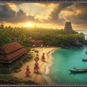 A mystical aerial view of Kannur's coastline at golden hour, featuring ancient Theyyam performers in elaborate, vibrant costumes performing on a secluded beach. In the foreground, a traditional Kerala-style wooden house with red-tiled roof nestled among swaying coconut palms. The scene includes hidden elements like a partially visible ancient fort wall covered in moss, traditional handloom weavers working under a banyan tree, and secret cave temples. The lighting is ethereal with soft orange-gold sunbeams filtering through clouds, creating dramatic shadows. Small fishing boats with traditional Kerala designs dot the turquoise waters. The composition includes delicate Madhubani-style border patterns in gold and deep blue. Art style combines photorealistic elements with dreamy, surreal lighting and traditional Indian artistic motifs. The scene features intricate details like local spice markets, coffee plantations, and traditional martial artists practicing in the distance, all rendered in rich, warm colors of saffron, deep green, and ocean blue.