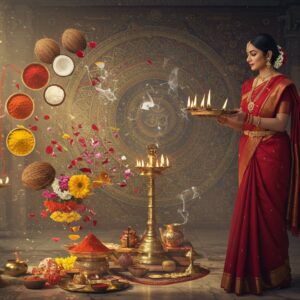 A serene Hindu temple interior with intricate Madhubani-style wall art, where a young Indian woman in a crimson silk saree performs aarti, holding a golden thali with five-pointed deepam flames creating a warm ethereal glow. Behind her, multiple symbolic elements float in a mystical arrangement: a sacred thread, vermillion kumkum, yellow turmeric powder, coconut with flowers, and brass bells. The background features a large, ornate mandala in gold and peacock blue, with concentric patterns incorporating Om symbols and lotus motifs. Soft light streams through temple windows, creating divine light rays that illuminate floating flower petals and incense smoke. The scene is framed by traditional brass temple lamps and marble pillars with detailed carvings. The color palette combines deep traditional colors (maroon, saffron, gold) with modern pastel highlights (soft pink, ethereal blue). The artwork style merges traditional Pattachitra techniques with contemporary digital art aesthetics, hyperrealistic details with subtle fantasy elements. The atmosphere captures both the sanctity of ancient rituals and their timeless relevance. --ar 16:9 --v 5