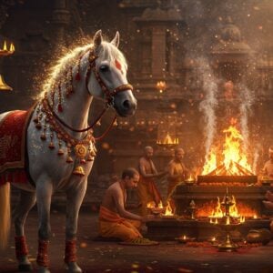 A majestic white horse adorned with traditional Vedic decorations including gold bells, red and saffron threads, and flower garlands, standing prominently in the foreground of an elaborate Putrakameshti Yagna ritual scene. The horse's mane flows ethereally with golden sparkles. Behind, a grand fire altar (yajna kund) burns with sacred flames in deep orange and gold, creating a supernatural glow. Vedic priests in white dhotis perform the ritual, their hands raised in devotion. The scene is surrounded by intricate Madhubani-style border patterns featuring sacred symbols like swastikas, lotus flowers, and geometric designs in rich maroon, saffron, and peacock blue. Smoke from the sacred fire forms mystical patterns in the air, merging with soft, glowing mandalas. The background shows a ancient temple architecture in soft focus. The lighting is dramatic with warm golden hues emphasizing the spiritual atmosphere. The art style combines hyperrealistic details with ethereal, spiritual elements in a modern digital aesthetic.