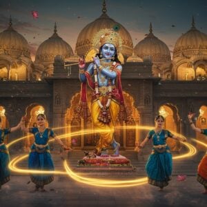 A mesmerizing scene of Indian classical dancers performing in front of a magnificent ISKCON temple at dusk, their graceful movements creating ethereal trails of golden light. The dancers wear traditional Bharatanatyam costumes in rich peacock blue and saffron colors, adorned with authentic temple jewelry and ghungroos. The temple architecture features intricate Rajasthani-style domes and pillars, illuminated by warm golden lights. In the background, a large deity of Lord Krishna in His classic tribhanga pose plays the flute, rendered in the Pattachitra style with detailed gold work. Floating lotus petals and delicate mandalas surround the scene, while soft mist creates a dreamy atmosphere. The lighting is dramatic with divine rays streaming through temple windows, creating a mystical ambiance. The dancers' expressions show deep bhakti and serenity, their mudras perfectly formed. The scene combines photorealistic details with spiritual symbolism, featuring a color palette of deep blues, burnished gold, and warm orange tones. Hyper-detailed digital art style with surreal elements, 8K resolution, cinematic lighting