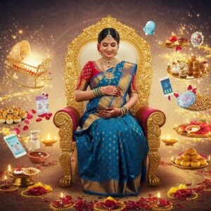 A radiant Indian mother-to-be in a flowing silk peacock blue and gold saree sits on an ornate golden throne, her hands decorated with intricate mehndi patterns cradling her baby bump. She's surrounded by a magical, modernistic mandala-inspired backdrop that seamlessly blends traditional Madhubani patterns with contemporary geometric designs. Floating around her are modern baby essentials transformed into magical objects - a golden cradle emitting soft light, crystal baby rattles, and digital devices displaying parenting apps, all decorated with traditional Indian motifs. The scene is illuminated by warm, ethereal lighting with soft pastel pink and blue undertones. Traditional Indian sweets and modern healthy pregnancy snacks float in a spiral pattern around her. The mother-to-be wears contemporary Indian maternity wear with traditional jewelry, bridging old and new. The foreground features scattered rose petals, floating diyas, and modern baby care products arranged in ritualistic patterns. The overall composition creates a dreamy, aspirational atmosphere with a perfect blend of traditional Indian baby shower elements and modern parenting tools. The art style combines hyperrealistic digital rendering with traditional Indian art elements, creating a sophisticated and contemporary aesthetic.