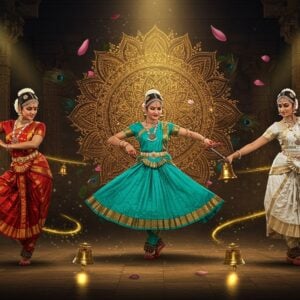 A mesmerizing scene featuring three graceful Indian classical dancers in different poses - a Bharatanatyam dancer in a striking red and gold silk costume performing an Alarippu pose with bent knees and precise mudras, a Kathak dancer in a flowing turquoise anarkali spinning in a perfect chakkar with ghungroos glinting, and an Odissi dancer in pearl-white and silver performing the Tribhanga pose. Their faces show intense expressions (abhinaya) with traditional temple jewelry and jasmine flowers adorning their hair. Behind them, a large intricate golden mandala glows ethereally, surrounded by floating peacock feathers and lotus petals. The backdrop features carved temple pillars with traditional Madhubani and Pattachitra art patterns. Soft spotlights create dramatic shadows while multiple ghosted motion trails capture the fluidity of their movements. The scene is enhanced with swirling ribbons of golden light, bells, and anklets. The lighting is dramatic with warm amber spots highlighting the dancers while maintaining a mystical atmosphere. Style: Photorealistic digital art with surreal elements, deep rich colors, and intricate details in jewelry and costume textures.