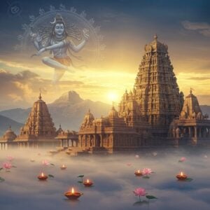 A majestic Lord Shiva temple complex emerging from mystical mists, featuring intricate South Indian Dravidian architecture with towering gopurams decorated with detailed sculptures. Lord Shiva appears as a translucent, ethereal figure in the background, in his classic Nataraja pose with four arms - upper right holding damaru, upper left holding agni, lower right in abhaya mudra, lower left lifted in gajahasta pose, dancing on a lotus pedestal. The temple structure incorporates elements from famous Shiva temples - the crescent moon of Kedarnath, the golden spires of Kashi Vishwanath, and the massive Nandi statue from Brihadeshwara Temple. The scene is illuminated by warm golden light filtering through clouds, with floating diyas and lotus flowers in the foreground. Sacred Mount Kailash appears faintly in the distance. The art style merges traditional Thanjavur painting techniques with modern digital art, using a rich color palette of deep blues, burnished golds, and sacred saffron. Intricate mandala patterns and Sanskrit symbols float in the air, creating a mystical atmosphere. The overall composition should evoke a sense of divine presence and spiritual journey.