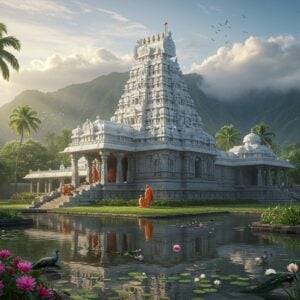 A majestic white granite South Indian temple nestled amidst lush Hawaiian tropical paradise, with towering palm trees and vibrant plumeria flowers in the foreground. The temple's ornate gopuram features intricate Chola-style carvings illuminated by golden morning sunlight. Crystal-clear sacred pond in the foreground reflects the temple's image, surrounded by blooming lotus flowers in soft pink and white. Mist-covered volcanic mountains of Kauai form the backdrop. Hindu monks in saffron robes perform morning rituals near the temple entrance. The scene is enhanced with ethereal light rays breaking through clouds, creating a divine atmosphere. The architectural details include traditional mandapams, stone pillars with elaborate carvings, and a solid gold spire. Peacocks roam the perfectly manicured gardens. Art style combines photorealistic architecture with mystical lighting and surreal elements, featuring a color palette of pristine whites, tropical greens, soft golds, and gentle blues. The composition emphasizes the temple's grandeur while maintaining a sense of serenity and spiritual tranquility.