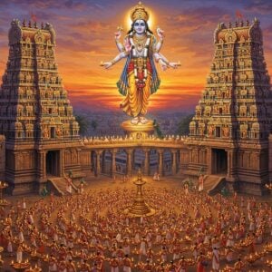 A majestic aerial view of twin Vishnu temples in South Indian Dravidian architecture, connected by a golden light bridge, set against a mystical twilight sky with deep purples and oranges. The temples feature intricate gopurams adorned with traditional sculptures and gold-plated vimanams. In the foreground, hundreds of devotees in traditional attire perform circumambulation with lit oil lamps, creating a mesmerizing spiral of golden lights. Lord Vishnu appears as a divine translucent form above both temples, four-armed, holding Sankha in upper right hand, Chakra in upper left hand, lotus in lower right hand, and mace in lower left hand, dressed in pitambara silk with elaborate crown and jewelry. Floating lotus flowers and temple bells frame the scene, while peacocks grace the temple steps. The scene is illuminated by both earthly temple lights and divine celestial rays, creating a harmonious blend of physical and spiritual realms. Art style combines traditional Tanjore painting techniques with modern digital art, emphasizing gold leaf effects and intricate details in Dravidian architectural elements.