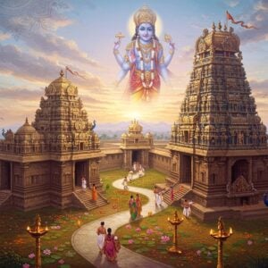 A majestic aerial view of twin Vishnu temples in Irattai Thiruppathy, rendered in ethereal digital art style with traditional Pattachitra influences. The temples feature intricate South Indian Dravidian architecture with golden vimanams glowing in dawn light. A winding path connects both temples, lined with blooming lotus flowers and traditional brass deepa sthambams. In the foreground, devotees in traditional South Indian attire (men in white veshtis, women in silk sarees) climb the temple steps. Lord Vishnu appears as a subtle, translucent form above both temples, depicted in His traditional form with four arms holding sankha, chakra, gadha, and padma, wearing pitambara and crown adorned with tulsi. The sky features soft pastel pinks and blues with gentle sun rays filtering through clouds, creating a divine atmosphere. Ornate mandala patterns in gold float in the air, while peacocks grace the temple premises. The scene is enhanced with subtle spiritual elements like floating diyas and scattered marigold flowers, all rendered in a harmonious blend of deep maroons, saffron, and peacock blues.