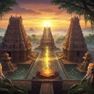 A majestic aerial view of twin ancient Dravidian temples with ornate gopurams, connected by a mystical golden thread of light against a dawn sky in deep oranges and purples. The temples feature intricate Madhubani-style details, with traditional Tamil architectural elements rendered in rich maroon and gold. Sacred lotus ponds surround both temples, their waters reflecting the soft morning light. Multiple stone mandapams with detailed stone carvings dot the landscape. In the foreground, two peaceful elephants adorned with traditional temple decorations stand guard. Ancient banyan trees with hanging roots frame the scene, their branches intertwined with glowing golden threads. The surrounding landscape shows hidden waterfalls and sacred groves in muted emerald greens. Ethereal mist floats between the temples, creating a mystical atmosphere. The scene is rendered in a harmonious blend of traditional Pattachitra art style with modern digital aesthetics, featuring detailed architectural accuracy and spiritual symbolism. The lighting is dramatic yet serene, with soft golden rays filtering through the morning mist.