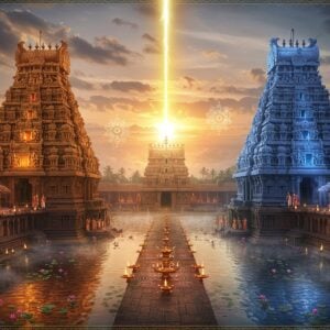 A majestic aerial view of two ancient Dravidian temples standing side by side, connected by a golden energy beam, against a sunrise backdrop. The temples feature intricate South Indian architecture with ornate gopurams adorned with detailed sculptures in gold and saffron. The left temple glows with warm orange light while the right temple radiates cool blue energy, symbolizing their twin nature. Floating mandala patterns in gold and white surround both temples. The foreground shows a serene water body reflecting both temples, with blooming lotus flowers. The scene is enhanced with ethereal mist and floating diyas. Small groups of devotees in traditional South Indian attire are seen walking between the temples on a decorated stone pathway. The lighting creates a mystical atmosphere with god rays filtering through clouds. The art style combines hyperrealistic architectural details with spiritual elements and modern digital effects. The color palette focuses on deep maroons, gold, peacock blue, and soft orange hues. Intricate Pattachitra-style border patterns frame the scene.