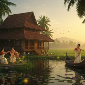 A serene Kerala landscape at golden hour, featuring a traditional tharavadu (ancestral home) with distinctive sloped terracotta-tiled roof and intricate wooden architecture, surrounded by emerald paddy fields. In the foreground, a picturesque wooden canoe glides through calm backwaters dotted with blooming lotus flowers. Towering coconut palms frame the scene, their fronds swaying gently. A group of three Indian women in traditional Kerala kasavu sarees (cream with gold borders) perform classical Thiruvathirakali dance near the water's edge. Magical fireflies illuminate the scene with soft golden lights, creating an ethereal atmosphere. The background shows distant misty Western Ghats mountains in subtle blues and purples. Traditional brass oil lamps (nilavilakku) cast a warm glow. Art style combines hyperrealistic digital painting with elements of traditional Kerala mural art, featuring rich colors like deep emerald, burnished gold, and warm earth tones. Soft ambient lighting creates a dreamy, inviting atmosphere with lens flares and subtle light rays filtering through palm leaves.