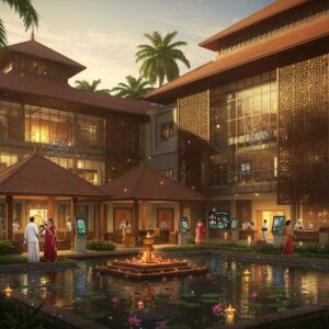 A modern, gleaming glass and steel government complex in Kerala architectural style with traditional sloped terracotta-tiled roofs and wooden elements, set against lush tropical greenery and coconut palms. The building features elegant curved lines and serene water bodies with lotus flowers. Multiple Indian citizens in modern business attire and traditional wear interact harmoniously in the foreground. Warm golden sunlight filters through the structure, creating intricate shadow patterns from traditional Kerala-style lattice work. Digital displays and touchscreen kiosks blend seamlessly with traditional architectural elements. The scene includes subtle Madhubani-style decorative patterns on glass partitions and walls in deep maroon and peacock blue. A large central courtyard showcases a contemporary interpretation of a traditional Kerala temple pond. Floating diyas and modern LED lighting create a magical ambiance. The overall composition emphasizes efficiency and cultural heritage merging seamlessly, rendered in a photorealistic style with magical realism elements.