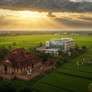 A vibrant aerial perspective of Irikkur town at golden hour, featuring a traditional Kerala-style temple with copper-tiled roof in the foreground, surrounded by lush green paddy fields stretching to the horizon. The temple's architecture is intricately detailed with traditional Malayali design elements, illuminated by warm sunlight. In the middle ground, a modern glass-and-steel building represents the town's development, seamlessly blending with the natural landscape. The scene includes coconut palms swaying in the breeze, small water bodies reflecting the sky, and distant Western Ghats mountains creating a dramatic backdrop. Traditional Kerala fishing nets are visible near a serene river. The composition incorporates Madhubani-style decorative patterns in the sky, with stylized clouds and birds. The color palette features deep greens, burnt orange, gold, and peaceful blues. The lighting creates a magical atmosphere with sun rays filtering through clouds, casting dramatic shadows across the landscape. Small groups of people in traditional Kerala attire can be seen going about their daily activities, adding life to the scene. Hyperrealistic digital art style with subtle surreal elements.