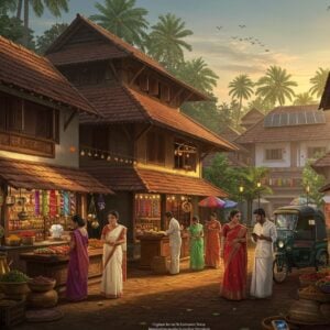 A bustling Indian marketplace in Kerala style architecture with traditional tiled roofs and whitewashed walls, illuminated by warm golden sunshine. Young Indian entrepreneurs in modern business attire mixed with traditional Kerala mundus and sarees managing their shops. The scene features a harmonious blend of traditional and modern elements - small tea shops with brass kettles next to sleek cafes with glass facades, traditional textile shops displaying kasavu sarees alongside modern boutiques. In the foreground, vibrant displays of local produce, spices, and handicrafts arranged in traditional brass vessels. The background shows coconut palms and modern buildings with solar panels. Small details include smartphones and digital payment systems at traditional wooden counters, LED lighting mixed with traditional brass lamps, and electric vehicles parked near cycle rickshaws. The scene is rendered in rich, deep colors of gold, forest green, and deep red, with intricate Malayali architectural patterns adorning the building facades. The lighting creates a warm, welcoming atmosphere with soft shadows and highlights, capturing both morning business activities and modern progress. Photorealistic digital art style with attention to architectural details and cultural accuracy.