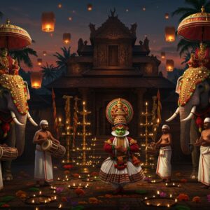 A vibrant street festival scene in a traditional Kerala setting, featuring ornately decorated temple elephants adorned with golden nettipattam and colorful umbrellas, standing majestically against the backdrop of an illuminated ancient temple architecture with intricate wooden carvings and brass oil lamps. In the foreground, classical Kathakali dancers in elaborate costumes and makeup perform gracefully, their green and red faces expressing dramatic emotions. Traditional Kerala percussion instruments like chenda and edakka being played by musicians in white and gold mundu. The scene is bathed in warm golden light from hundreds of traditional brass oil lamps, creating a mystical atmosphere. Floating lotus flowers and marigold garlands add pops of pink and orange. The background shows silhouettes of palm trees against a twilight sky with floating paper lanterns. Art style combines traditional Madhubani patterns in the borders with modern digital art techniques, using a rich color palette of deep maroon, forest green, royal blue, and gold. The overall composition should have a cinematic quality with depth of field and atmospheric lighting.
