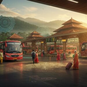 A bustling modern Kerala bus station in contemporary Indian artistic style, featuring sleek red and silver KSRTC buses adorned with traditional Kerala mural art patterns along their sides. The station is set against lush green Western Ghats mountains with morning mist, illuminated by golden sunrise. In the foreground, diverse Indian travelers with luggage, including families, students, and elderly, moving gracefully across a polished terminal floor decorated with intricate kolam patterns. Digital displays showing route information blend seamlessly with carved wooden architectural elements. The scene incorporates floating translucent mandalas and lotus motifs in soft blues and golds, creating a dreamy overlay. Modern glass and steel architecture meets traditional Kerala temple-style elements with copper-topped roofs. The lighting creates a warm, welcoming atmosphere with rays of sunlight filtering through decorative jaali windows, casting intricate shadows. Detailed in Madhubani-inspired precision with a modern digital finish, hyper-realistic, cinematic composition, soft ethereal lighting, 8k quality.