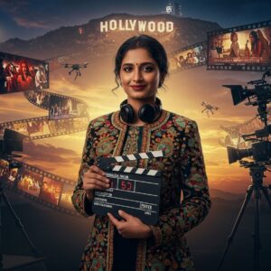 A young Indian woman director in her mid-20s standing confidently on a modern film set, wearing a fusion of traditional Indian and contemporary Hollywood attire - a tailored silk jacket with intricate Madhubani-inspired embroidery in gold and peacock blue. She's holding a director's slate and professional camera viewfinder. Behind her, a dramatic scene unfolds with multiple cinema screens floating in a surreal arrangement, each displaying different genres - horror, drama, and thriller elements merging into each other. The lighting creates a cinematic chiaroscuro effect with warm golden spotlights and cool blue undertones. The background features a stylized Hollywood sign transformed into a mandala pattern with Sanskrit symbols subtly integrated. Ethereal film reels spiral around her like DNA strands, containing scenes from both Eastern and Western cinema. The composition includes modern film equipment seamlessly blending with traditional Indian motifs, floating camera drones decorated with paisley patterns, and a mystical gradient sky in shades of twilight blue and sunset orange. The art style combines hyperrealistic digital photography with elements of traditional Indian art forms, creating a bridge between Bollywood and Hollywood aesthetics.