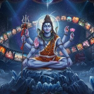 A majestic scene showing Lord Shiva's form as Ishana in a cinematic composition - sitting in padmasana on a crystalline mountain peak with five faces visible through clever perspective, each face radiating different cosmic energies. The central face peaceful and serene, adorned with crescent moon. His eight arms hold traditional symbols - trishul, damaru, rudraksha mala, kamandalu, deer, abhaya mudra, varada mudra, and lotus. Around him, a modern film reel spirals dynamically, transforming into sacred Sanskrit texts and contemporary book pages. The background features a blend of traditional theater curtains and modern LED screens showing glimpses of various media adaptations. The color palette combines deep indigos and cosmic blues with modern metallic silvers and neon accents. Intricate Madhubani-style patterns form the border, seamlessly merging with digital geometric designs. The lighting creates a dramatic interplay of ancient spiritual glow and contemporary stage lighting. Hyperrealistic digital art style with strong attention to detailed textures and atmospheric effects.