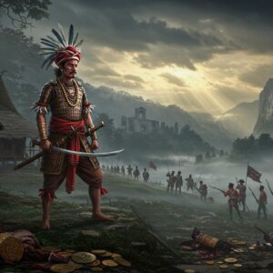 A dramatic scene depicting a Jaintia warrior chief in traditional attire (intricate headgear with feathers, bamboo armor, and tribal jewelry) standing atop a misty hill overlooking the Jaintia Hills, with ancient limestone caves visible in the background. The warrior holds a traditional dao sword, his expression somber and defiant. To his right, British East India Company soldiers in red coats are advancing with muskets, their figures partially obscured by morning mist. The left side shows traditional Jaintia structures with distinctive bamboo architecture and thatched roofs. The sky features dark storm clouds with rays of golden sunlight breaking through, symbolizing the end of an era. In the foreground, fallen royal insignias and scattered coins with both Jaintia and British symbols lie in the mud. The art style combines Pattachitra's intricate detailing with modern digital art techniques, using a color palette of deep forest greens, earthen browns, misty grays, and touches of British military red. Ethereal lighting creates a mystical atmosphere while maintaining historical accuracy in clothing and weaponry.