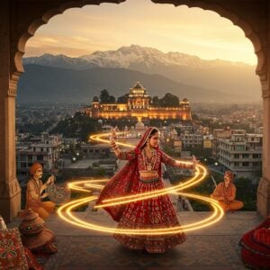 A majestic aerial view of Jammu city at golden hour, showcasing the iconic Bahu Fort illuminated with modern LED lights against a backdrop of snow-capped Pir Panjal mountains. In the foreground, a young Indian woman in a traditional Dogra pheran dress with intricate kashida embroidery performs the Jagarna folk dance, her movements creating ethereal light trails. Around her, detailed Madhubani-style illustrations come alive showing Dogra warriors, basohli paintings, and calligraphers creating Takri script. The scene is adorned with floating lotus flowers and contemporary geometric mandalas in saffron and deep blue. Traditional Dogra jewelry pieces like mukhli and champakali are depicted as glowing golden elements. The composition includes modern glass buildings reflecting ancient architecture, symbolizing the blend of past and present. The lighting is warm and mystical, with soft rays filtering through ornate jaali patterns, creating a dreamy atmosphere. Art style combines hyperrealistic digital art with traditional Indian miniature painting techniques, emphasizing rich textures and intricate details.