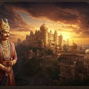 A majestic panoramic view of ancient Jammu, with a grand hill-top palace complex featuring traditional Nagara architecture, golden spires, and ornate domes against a dramatic sunset sky in deep oranges and purples. In the foreground, a regal Indian king from the Deva Dynasty stands proudly, wearing an elaborate golden crown, precious gems, and royal attire in rich maroon and gold brocade. He holds a ceremonial sword and royal seal. Behind him, through a stylized timeline effect, the palace transforms from its glory days to ruins, with falling pillars and crumbling walls, rendered in Madhubani-inspired patterns. The scene is framed by intricate border designs featuring traditional Dogra motifs and patterns in peacock blue and gold. Ethereal light streams through clouds, casting divine rays on the landscape. The art style combines hyperrealistic architectural details with stylized Indian miniature painting elements, featuring rich textures, detailed patterns, and a mystical atmosphere created by glowing mandalas in the background.
