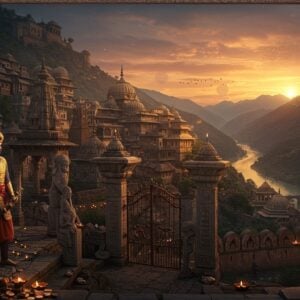A majestic panoramic view of ancient Jammu Fort at twilight, perched atop the Trikuta Hills, with intricate Dogra architecture blending into the mountainscape. The foreground features a regal Dogra warrior king in ornate golden armor and traditional attire, holding a gleaming sword, standing beside carved stone pillars with Sanskrit inscriptions. The scene is illuminated by warm golden light casting long shadows, with floating oil lamps creating a mystical atmosphere. Traditional Jammu motifs and patterns adorn the architecture, while the background shows the winding Tawi river reflecting the sunset. Multiple layers of historical structures visible in different architectural styles - from Deva period stone temples to later Dogra palaces. The scene combines hyperrealistic detail with ethereal Madhubani-style patterns in the sky, featuring intricate border designs in deep maroon and saffron. Small details include ancient coins scattered near weathered stone sculptures, prayer flags fluttering in the wind, and detailed metalwork on the fort gates. Art style should be photorealistic with magical realism elements, emphasizing rich jewel tones and metallic highlights.